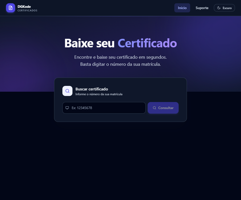 Interface da plataforma de certificados digitais desenvolvida pela DGKode